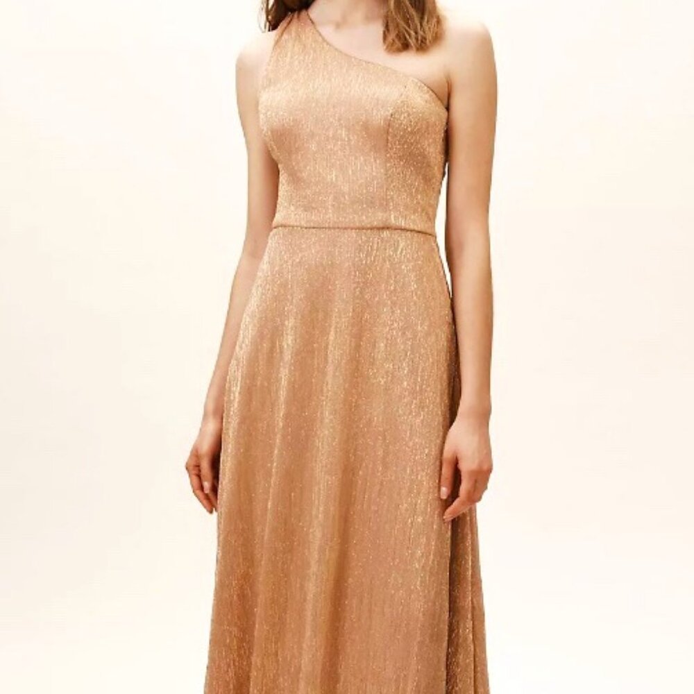 BHLDN Gold One-Shoulder Maxi Dress